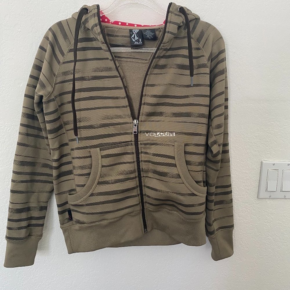 Volcom zip up hoodie zebra stripe camo green w/ white polka-dot red lined hood